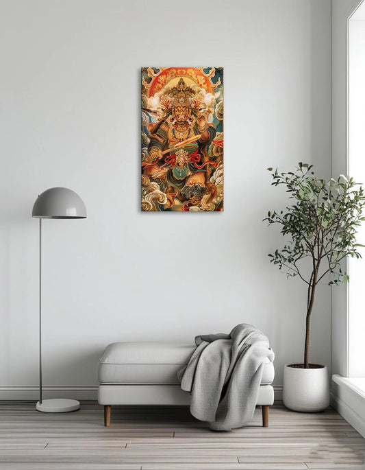 A vibrant painting of a Tibetan god wielding a sword, adorned in traditional attire with intricate details and vivid colors.