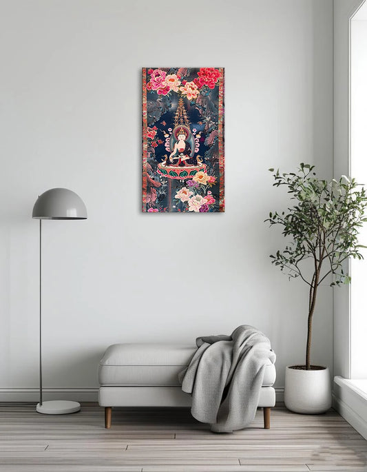 A large painting depicting Buddha seated on a lotus flower, surrounded by vibrant colors and intricate details.