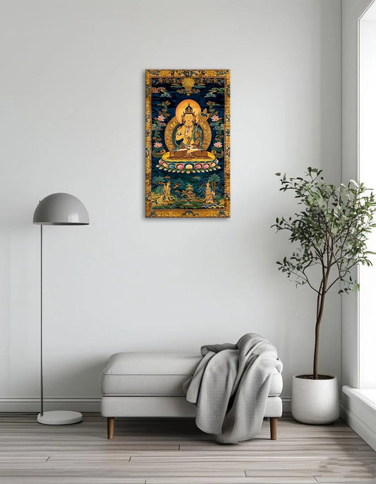 Tibetan painting depicting a Buddha seated on a throne, surrounded by intricate designs and vibrant colors.