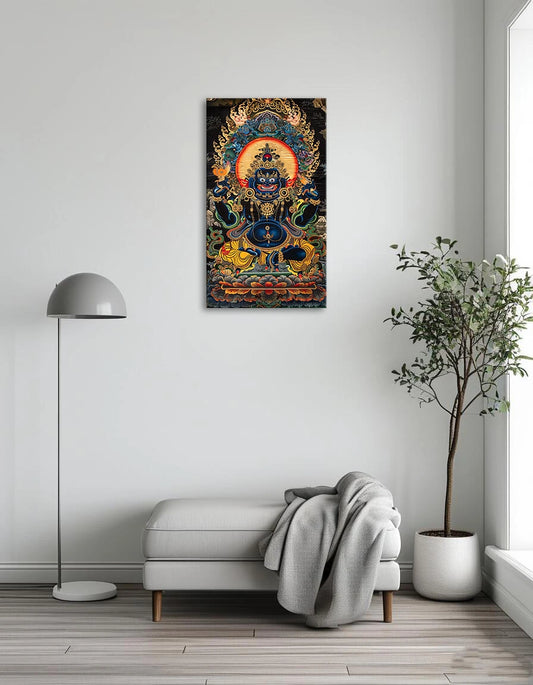 A large painting depicting a Buddha seated on a throne, surrounded by intricate designs and vibrant colors.