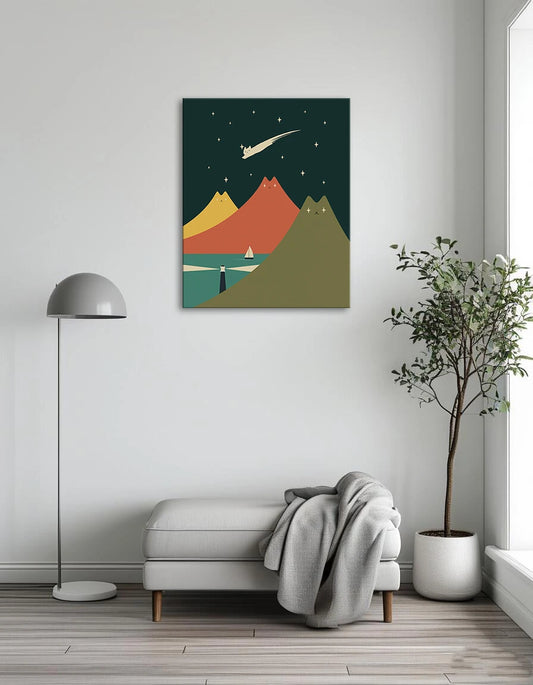 An imaginative poster depicting mountains with a boat soaring through a clear sky, blending nature and fantasy.