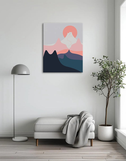 A cat sits atop a mountain, silhouetted against a pink sun setting in the background.