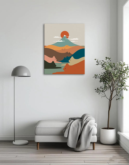 A colorful poster featuring various cats with majestic mountains in the background.