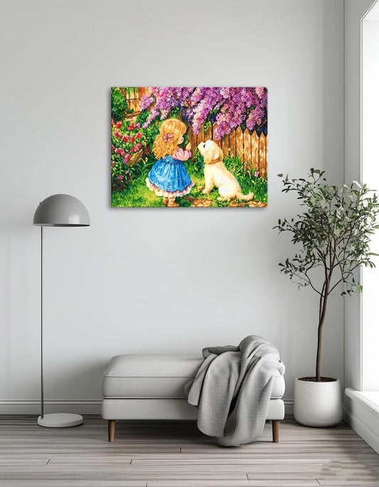 A painting of a little girl and her dog standing by a flower-filled fence, radiating joy and companionship.