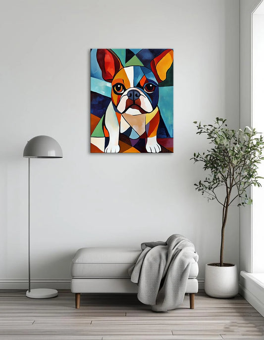 A fine art print of a French bulldog, showcasing its distinctive features and playful expression in vibrant colors.