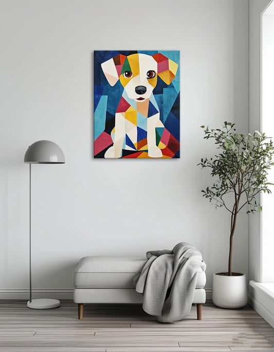 A vibrant painting of a dog surrounded by colorful geometric shapes, showcasing a blend of art and playful design.