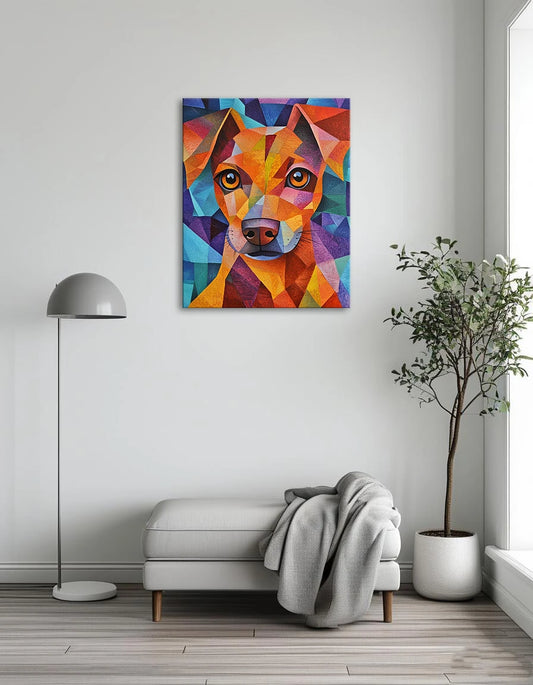 A vibrant painting of a dog surrounded by colorful geometric shapes, showcasing a playful and abstract artistic style.