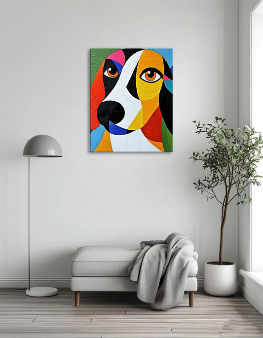 A vibrant painting of a dog featuring strikingly colorful eyes, showcasing artistic flair and attention to detail.
