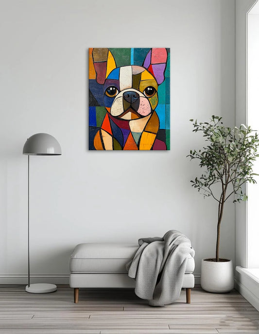 A vibrant painting of a dog composed of colorful squares, showcasing a playful and abstract artistic style.