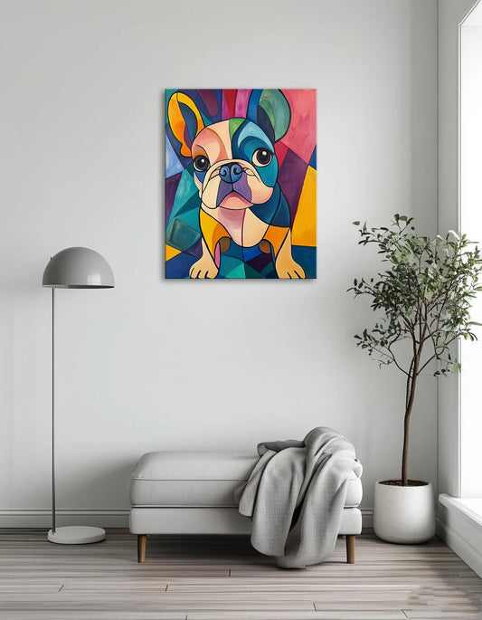 A vibrant painting of a dog featuring a colorful coat and a distinctive blue nose.