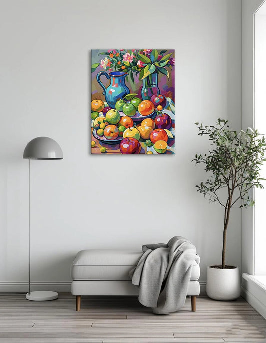 A still life painting featuring vibrant fruit and colorful flowers arranged in a blue vase on a neutral background.
