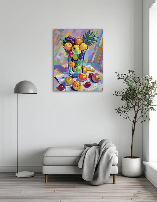 A still life painting featuring various fruits arranged in a clear glass vase on a neutral background.