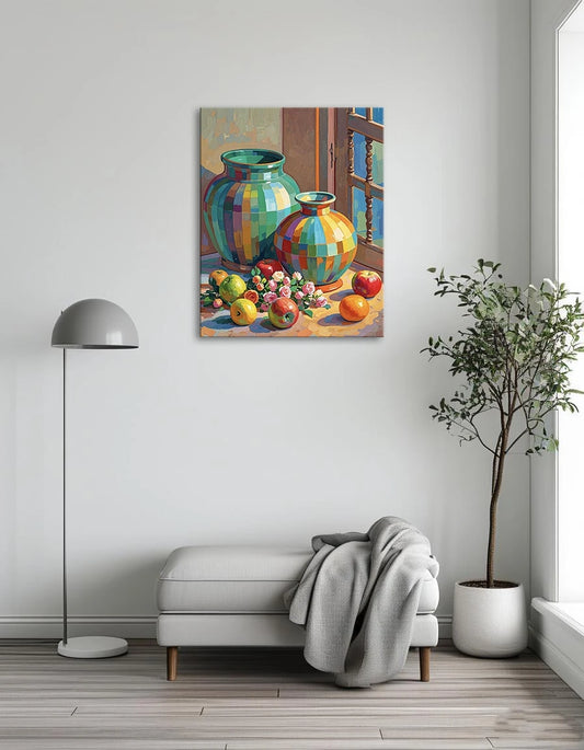 A vibrant painting featuring two decorative vases and an assortment of colorful fruit arranged artistically.