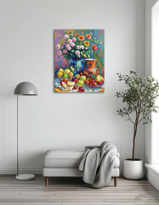 A still life painting featuring a vase filled with colorful fruit and vibrant flowers.