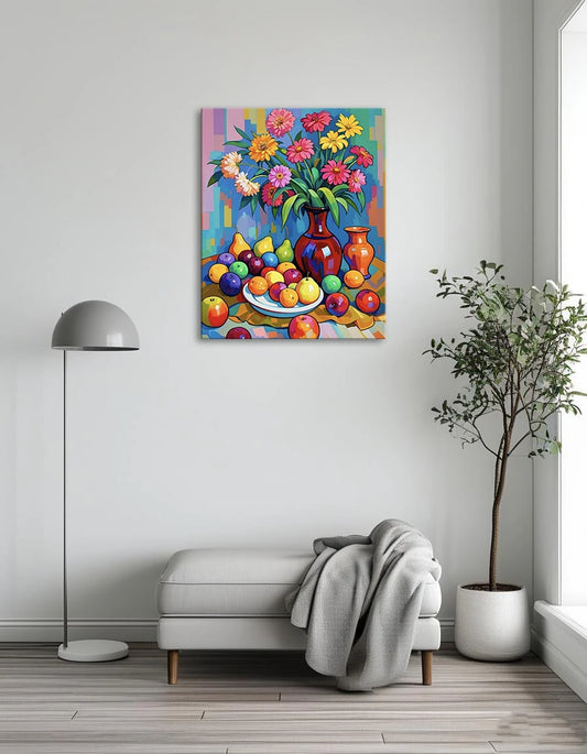 A still life painting featuring vibrant flowers and assorted fruit arranged on a wooden table.
