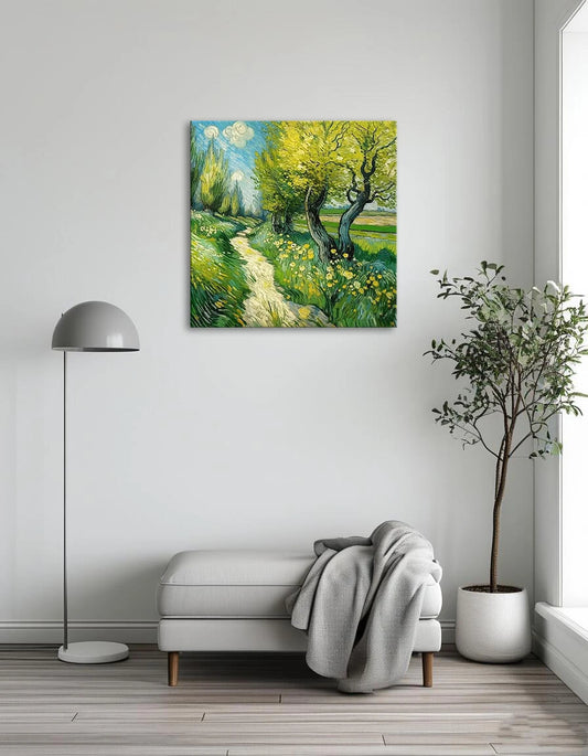 An artistic representation of a tranquil path cutting through a field, surrounded by trees and a variety of flowers.