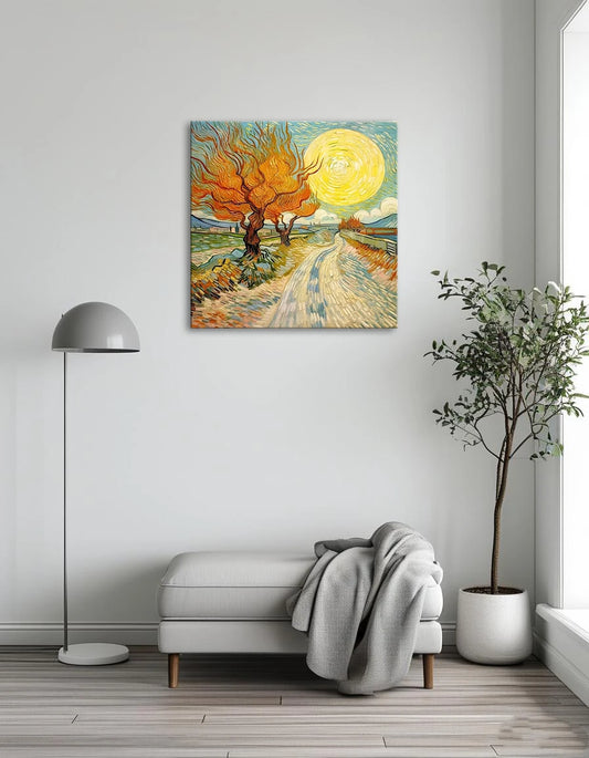 A painting depicting a road lined with trees, with a bright sun shining in the background.