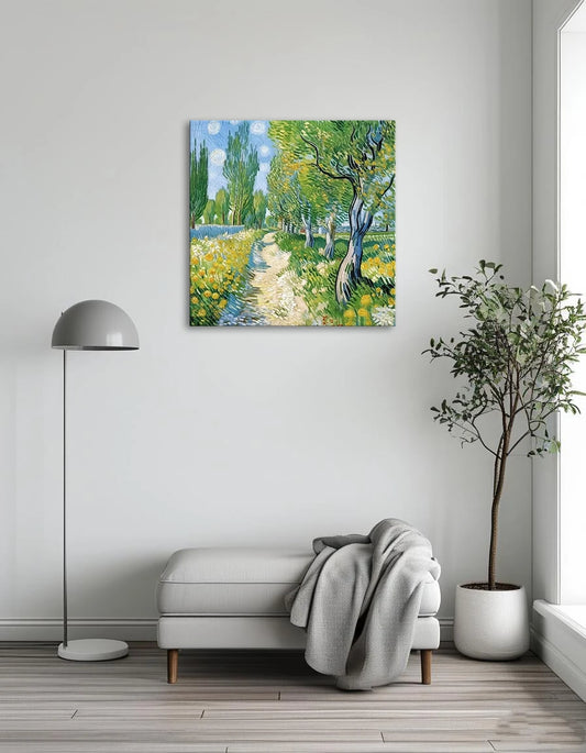 A serene painting depicting a winding path surrounded by lush trees and vibrant flowers in full bloom.