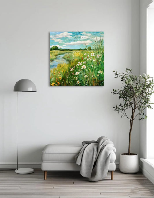 A vibrant painting depicting a field of wildflowers beside a flowing river under a clear blue sky.