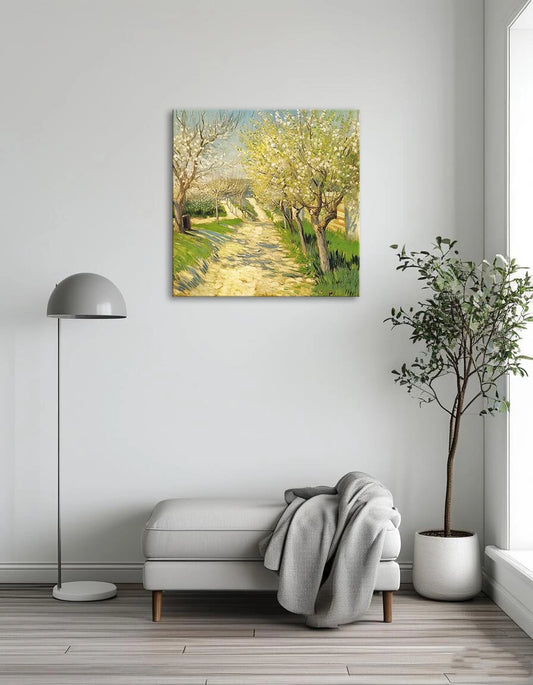 A vibrant painting of an apple tree in full bloom, showcasing delicate white flowers against a blue sky.