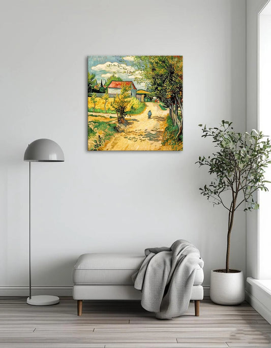 A painting depicting a winding road leading to a house set against a serene background.