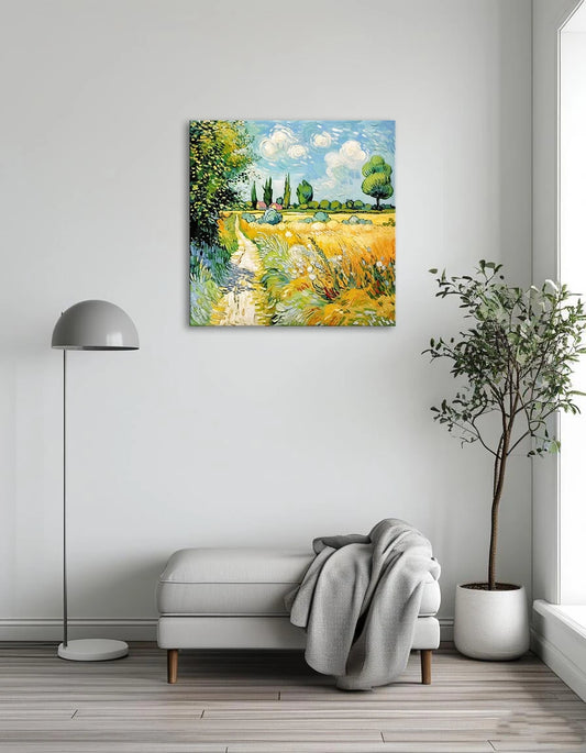 A serene painting depicting a winding path through a golden wheat field, bordered by lush green trees under a clear sky.