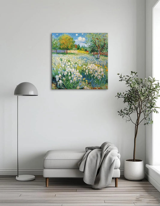 A painting depicting irises in a field, surrounded by trees under a glowing moonlit sky.