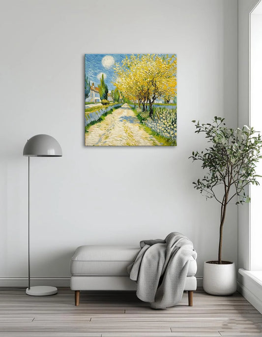 A painting depicting a road lined with trees, featuring a prominent yellow tree among the greenery.