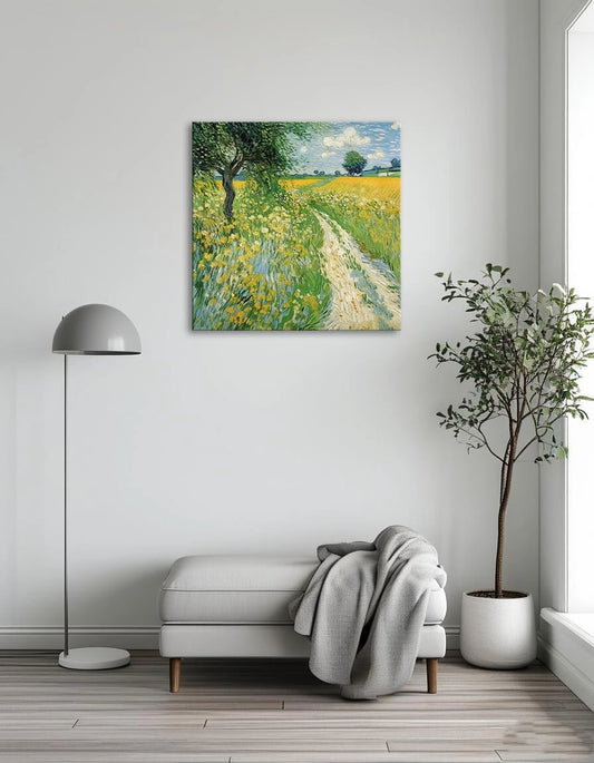 A vibrant painting depicting a field of yellow flowers surrounded by lush green trees under a clear blue sky.