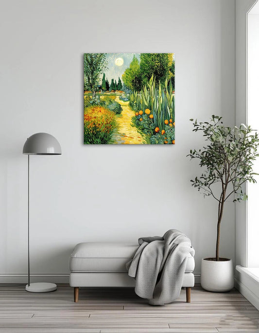 A scenic painting showcasing a path surrounded by lush orange trees and blooming flowers, creating a serene atmosphere.