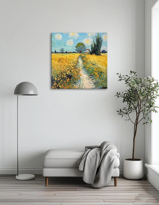 A colorful artwork showcasing a bright yellow field with a meandering path, inviting viewers to explore the landscape.