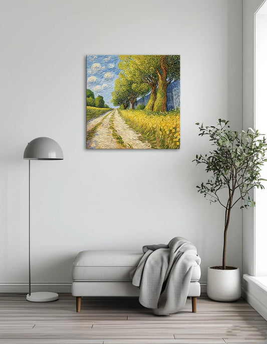 A painting depicting a serene road lined with trees and a wooden fence on one side, showcasing a peaceful landscape.