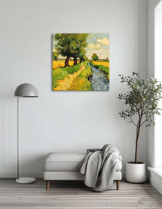 A serene painting depicting a winding road bordered by lush trees in a vibrant green field.
