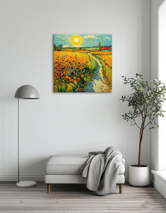 A vibrant painting depicting a sunlit field, showcasing lush greenery under a bright blue sky.