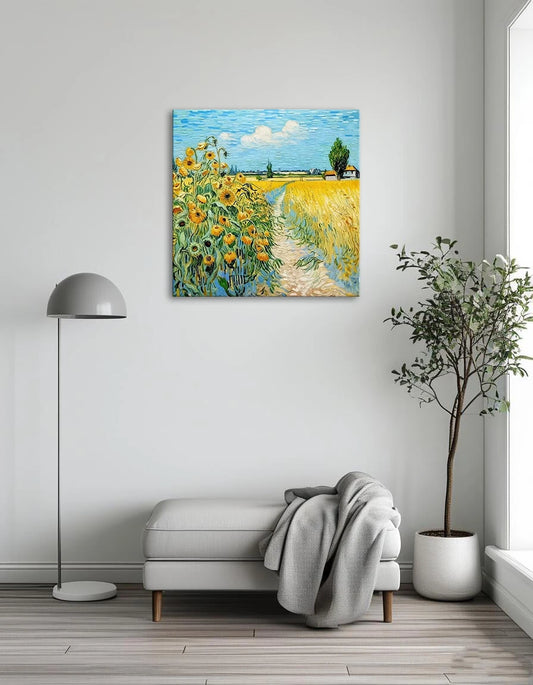 A vibrant painting depicting sunflowers blooming in a sunny field, showcasing their bright yellow petals against a blue sky.
