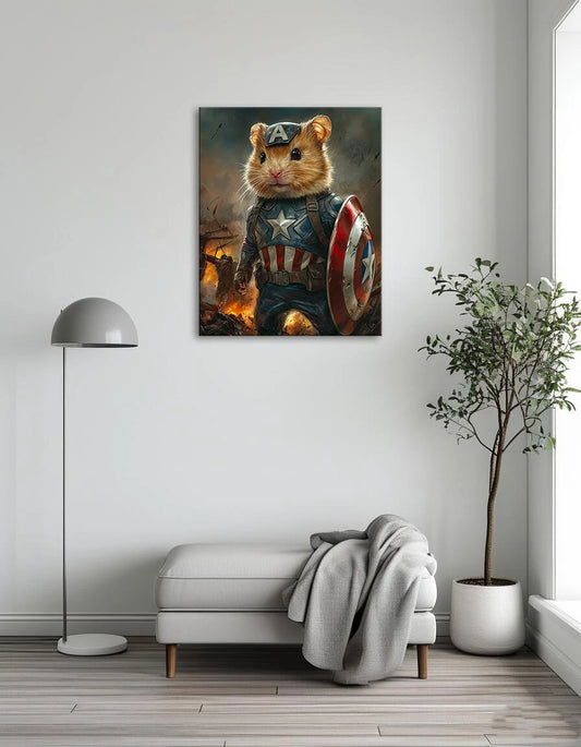 A small hamster wearing a Captain America costume, complete with a shield, standing proudly on a colorful background.