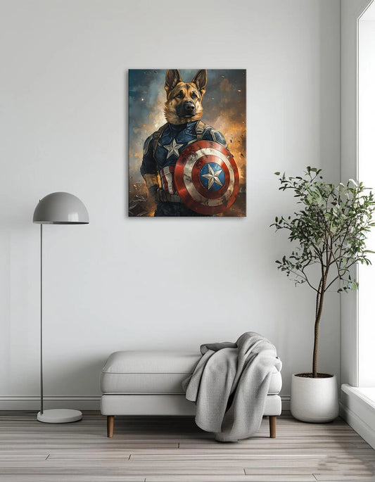 A German Shepherd wearing a Captain America costume, complete with a shield, standing proudly with a heroic pose.