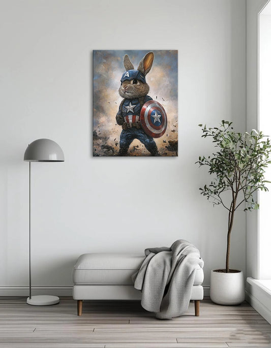 A rabbit wearing a Captain America costume, complete with a shield, standing proudly against a colorful background.