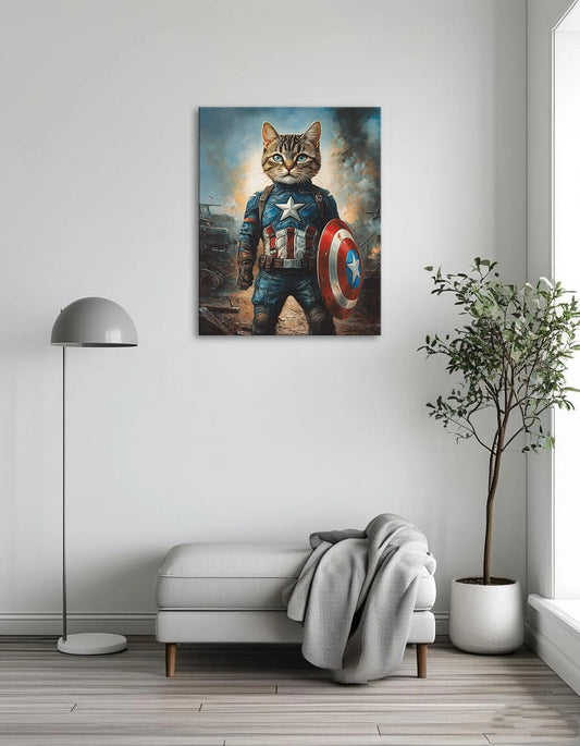 A cat dressed as Captain America, featuring a blue costume with a star and red, white, and blue accents, by artist Josh Klein.