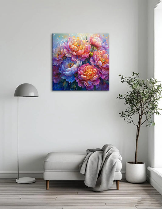 A vibrant arrangement of peonies in various shades of pink, coral, and lavender with glistening droplets of water, set against a soft, dreamy background of blended pastel colors.