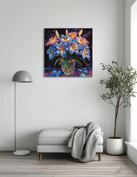 A vibrant bouquet of blue and pink lilies in a patterned vase against a starry, cosmic background.