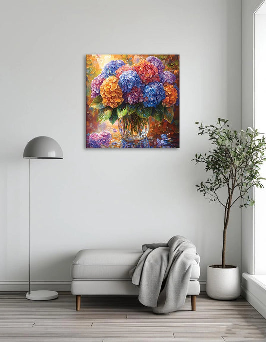 This is a colorful oil painting of a bouquet of blooming hydrangeas in a crystal vase. The hydrangeas are rich in color, including blue, purple, orange and red, and the petals are full and lifelike.