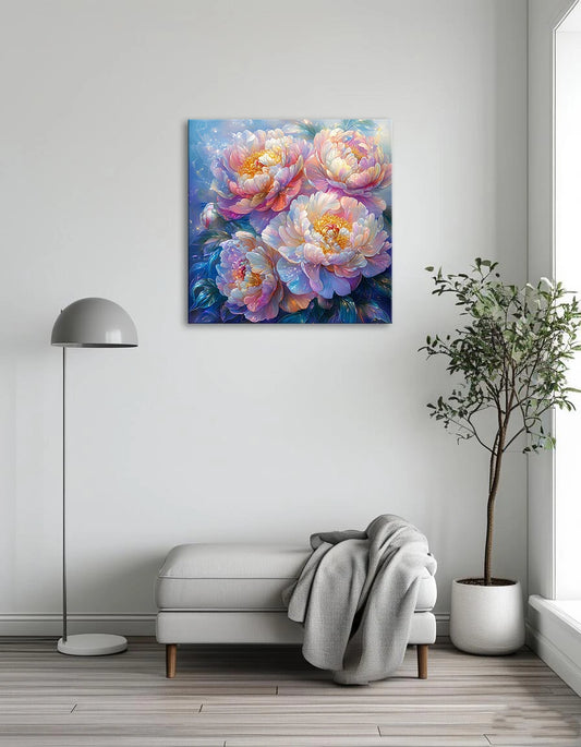 This painting depicts four peonies in full bloom, with soft, dreamy colors and a glittering particle effect that creates a surreal atmosphere. The peony petals are layered, showing their graceful posture.