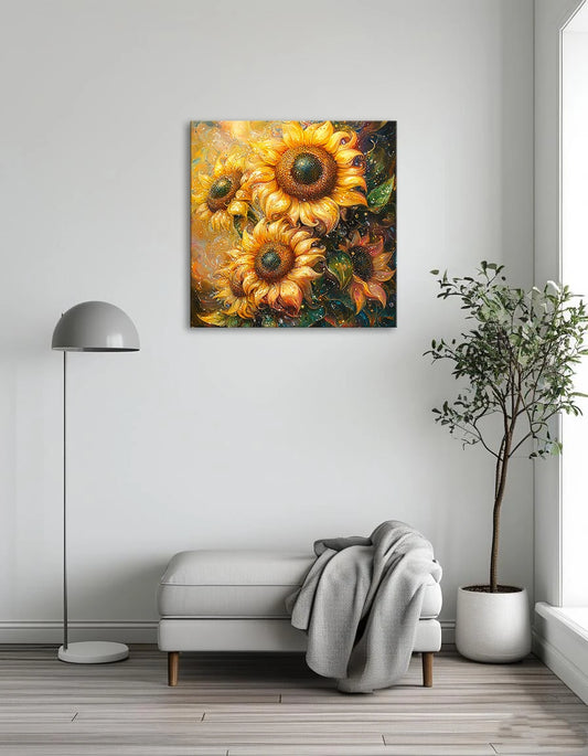 A vibrant painting of a dog featuring a colorful coat and a distinctive blue nose.