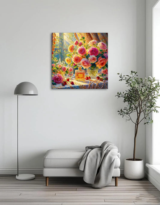 This is a colorful oil painting of a bouquet of blooming hydrangeas in a crystal vase. The hydrangeas are rich in color, including blue, purple, orange and red, and the petals are full and lifelike.