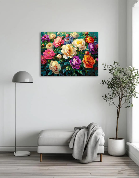 A lively artwork featuring bright flowers blooming on a green backdrop.