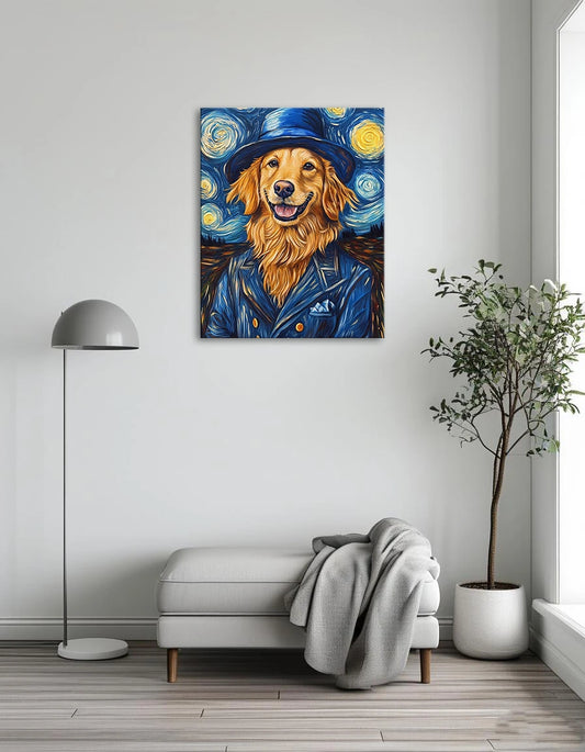 A painting of a golden retriever dressed in a suit and hat, exuding a charming and sophisticated demeanor.