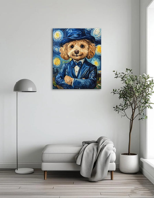 A whimsical painting of a dog dressed in a formal suit and tie, exuding charm and personality.