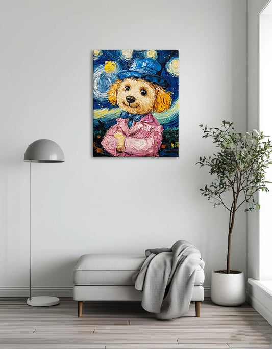 A whimsical painting of a dog dressed in a top hat and pink suit, exuding charm and elegance.