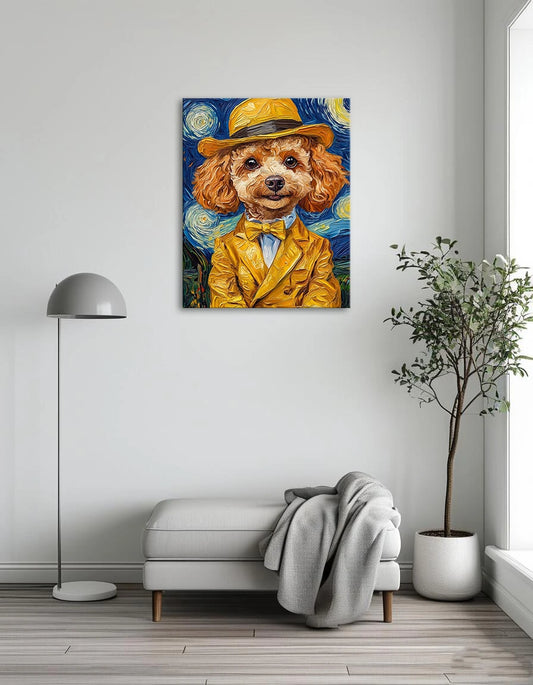 A painting of a poodle dressed in a yellow suit and hat, showcasing a whimsical and stylish canine character.